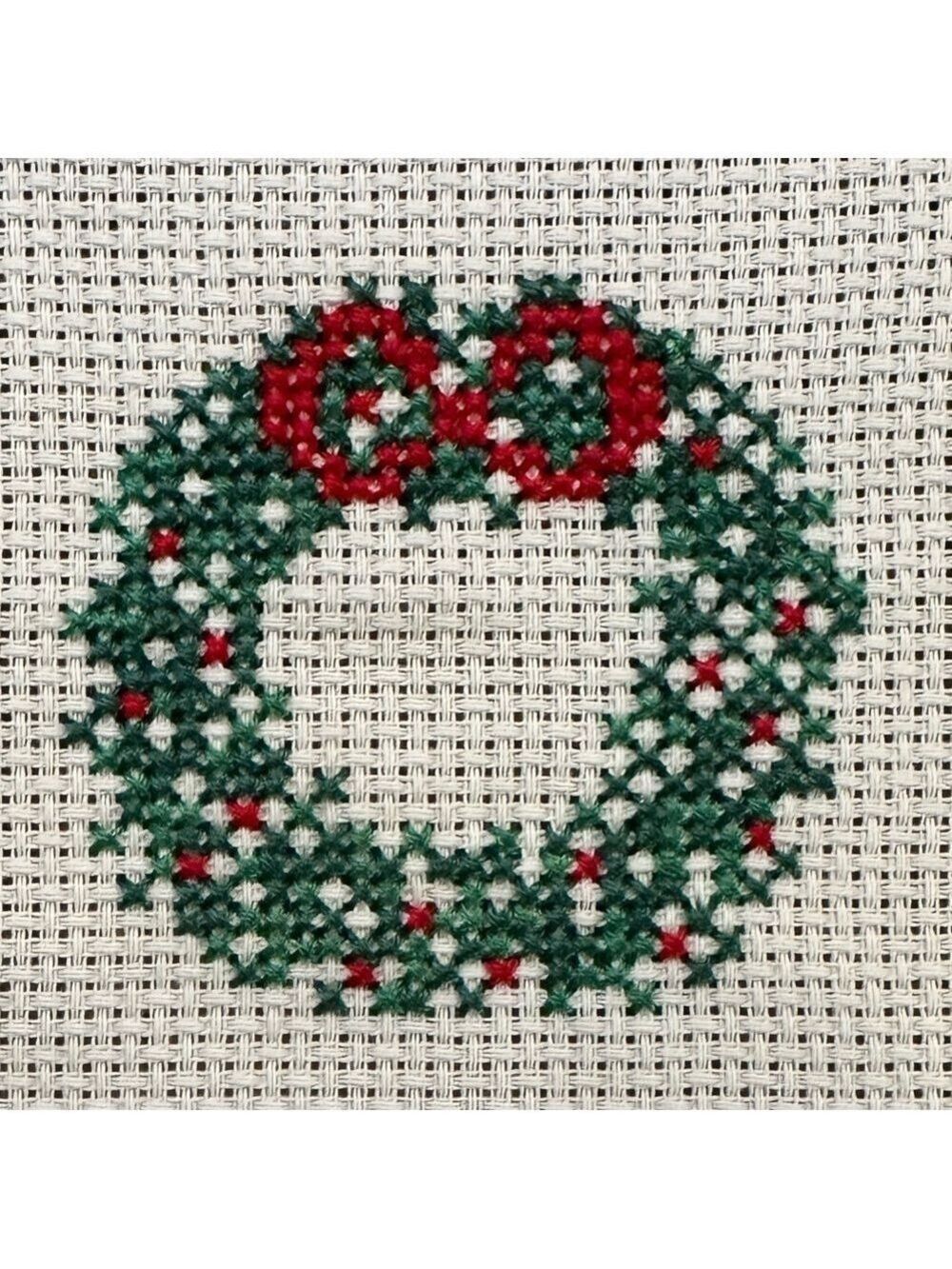 Completed Crossstitch needlework panel Holiday wreath with a red bow Vtg design